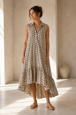 Boho Cotton Maxi Dress Large Sleeveless Button Front Tiered Geometric Print